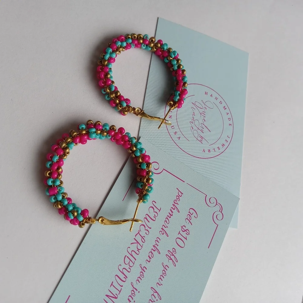 Hand Crafted Pink and Turquoise Beaded Hoop Earrings - Picture 4 of 5